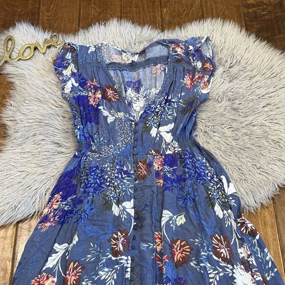 JAASE Maxi Dress Smocked Waist Blue Floral Size Large BOHO Cottage Core Button - Picture 5 of 8